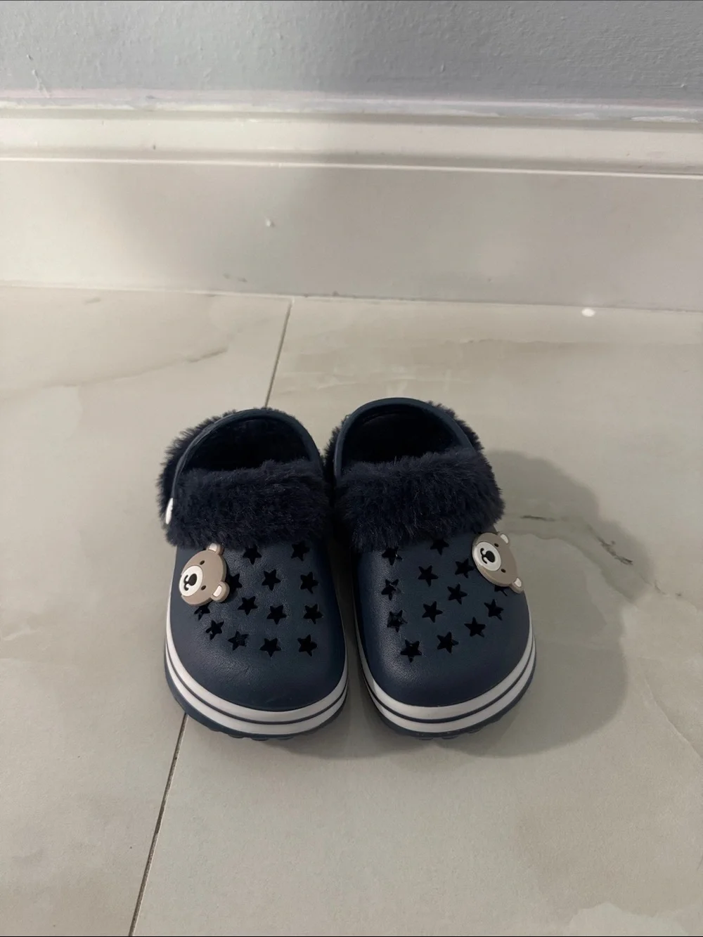 Kids Navy Faux-Fur Star Slip-On Clogs with Bear Charm